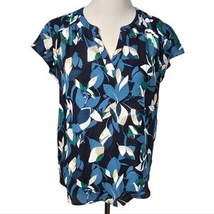 Banana Republic Small Blue and Black Floral Blouse with Mandarin Collar